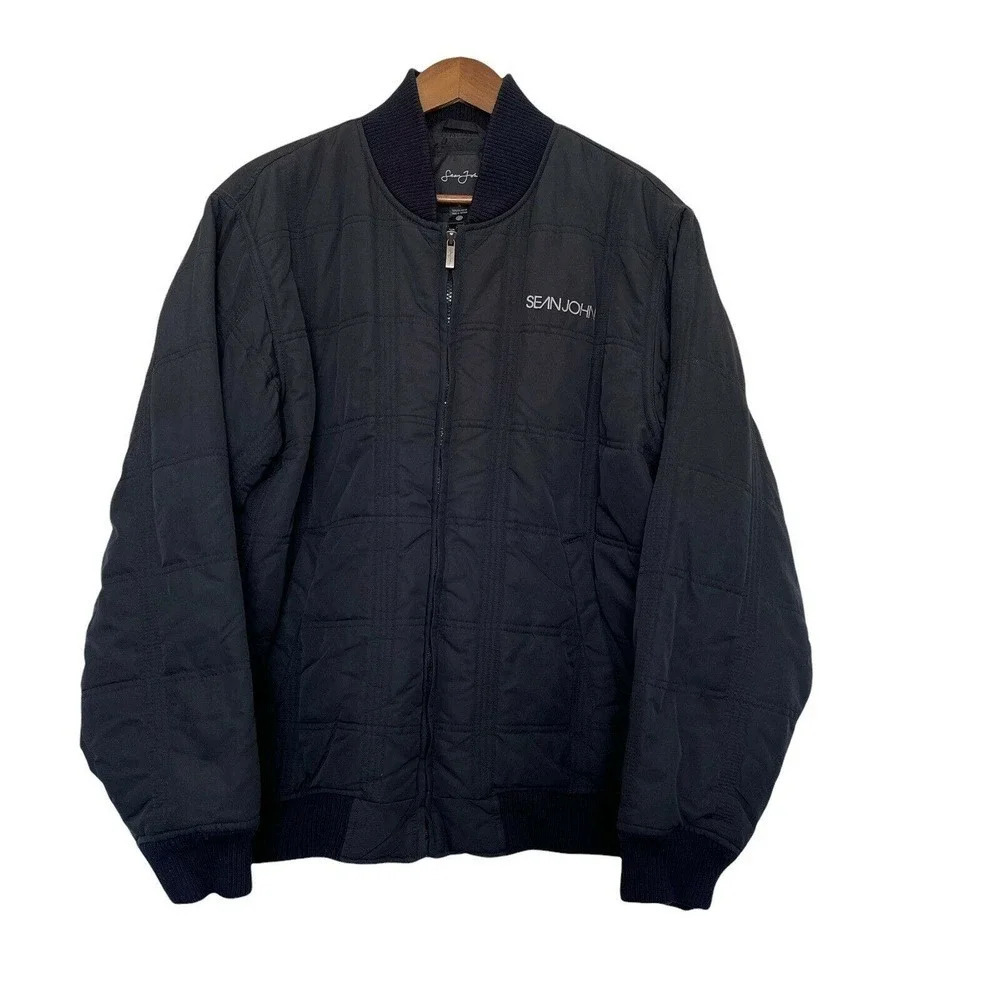 Sean John Bomber Jacket Men Medium Black Quilted Full Zip Streetwear Hip Hop Y2K